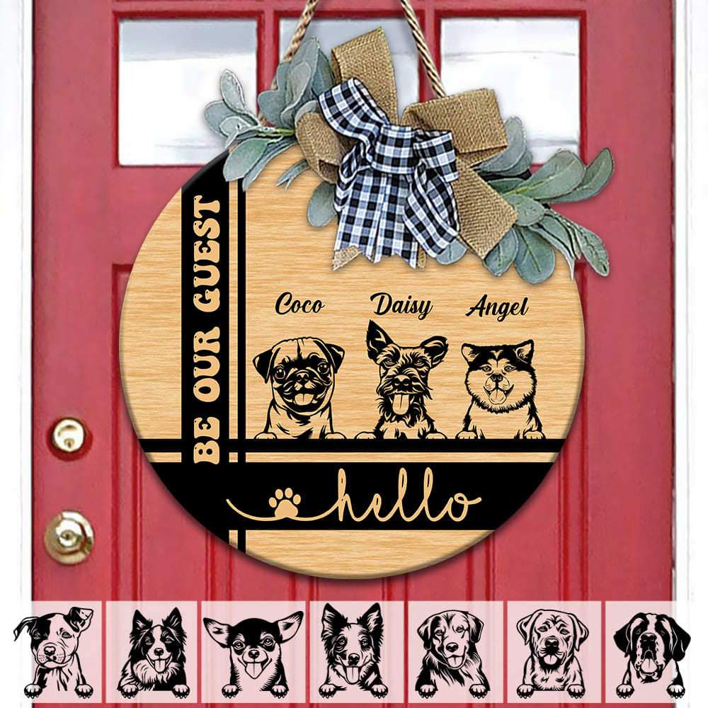 Hello Be Our Guest Dog Wooden Door Sign With Wreath, HN590 ...