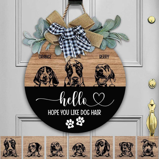 GeckoCustom Hello Hope You Like Dog Hair Dog Wooden Door Sign With Wreath, Dog Lover Gift, Dog Door Hanger HN590 12 Inch
