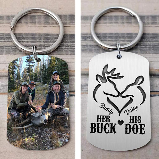 GeckoCustom Her Buck His Doe Hunting Metal Keychain, Hunting Gift, Custom Photo Keyring HN590