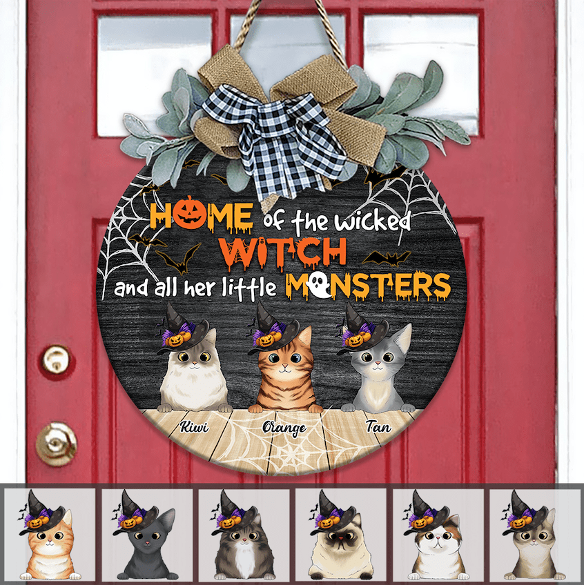GeckoCustom Home Of The Wicked Witch And All Her Little Wooden Door Sign With Wreath, Cat Lover Gift, Cat Door Hanger HN590 12 Inch