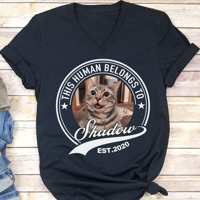 GeckoCustom Human Belongs To Dog Cat Personalized Custom Photo Dog Cat Pet Frontside Shirt C251V2 Women V-neck / V Black / S