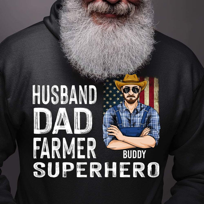 GeckoCustom Husband Dad Farmer Superhero Farmer T-shirt, Farmer Gift HN590 Pullover Hoodie / Black Colour / S