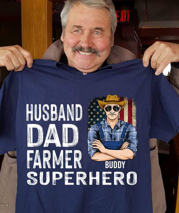 GeckoCustom Husband Dad Farmer Superhero Farmer T-shirt, Farmer Gift HN590 Basic Tee / Black / S