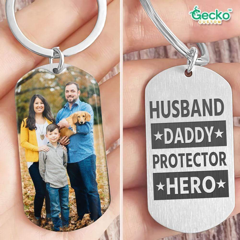 GeckoCustom Husband Daddy Protector Hero Valentine Metal Keychain HN590 With Gift Box (Favorite) / 1.77" x 1.06"