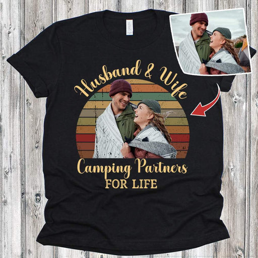 GeckoCustom Husband & Wife Camping Partners For life Camping Shirt, Upload Photo Shirt HN590 Premium Tee (Favorite) / P Black / S