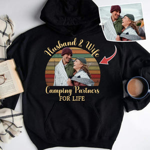 GeckoCustom Husband & Wife Camping Partners For life Camping Shirt, Upload Photo Shirt HN590 Pullover Hoodie / Black Colour / S