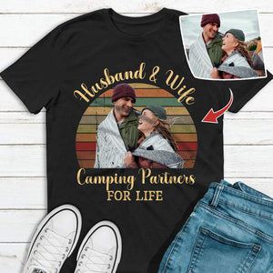 GeckoCustom Husband & Wife Camping Partners For life Camping Shirt, Upload Photo Shirt HN590 Women Tee / Black Color / S