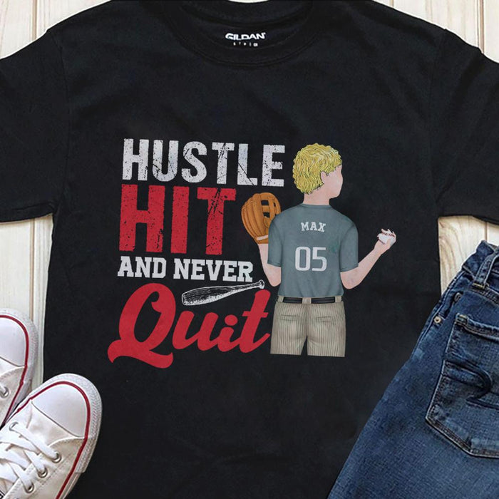 GeckoCustom Hustle Hit And Never Quit, Gift For Baseball Player, Baseball Shirt