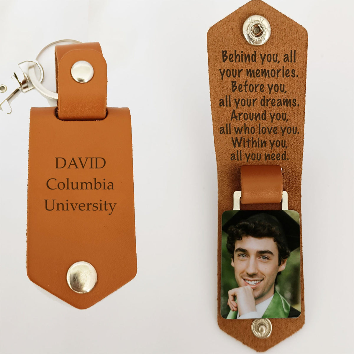 GeckoCustom Inspirational Behind You All Your Memories Graduation Vintage Leather Photo Keychain C256