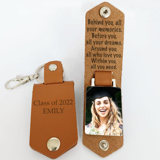 GeckoCustom Inspirational Behind You All Your Memories Graduation Vintage Leather Photo Keychain C256
