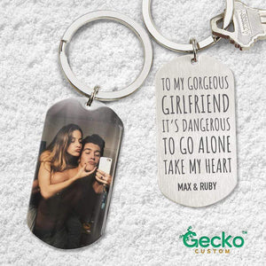 GeckoCustom It's Dangerous To Go Alone Take My Heart Couple Metal Keychain, Valentine Gift HN590