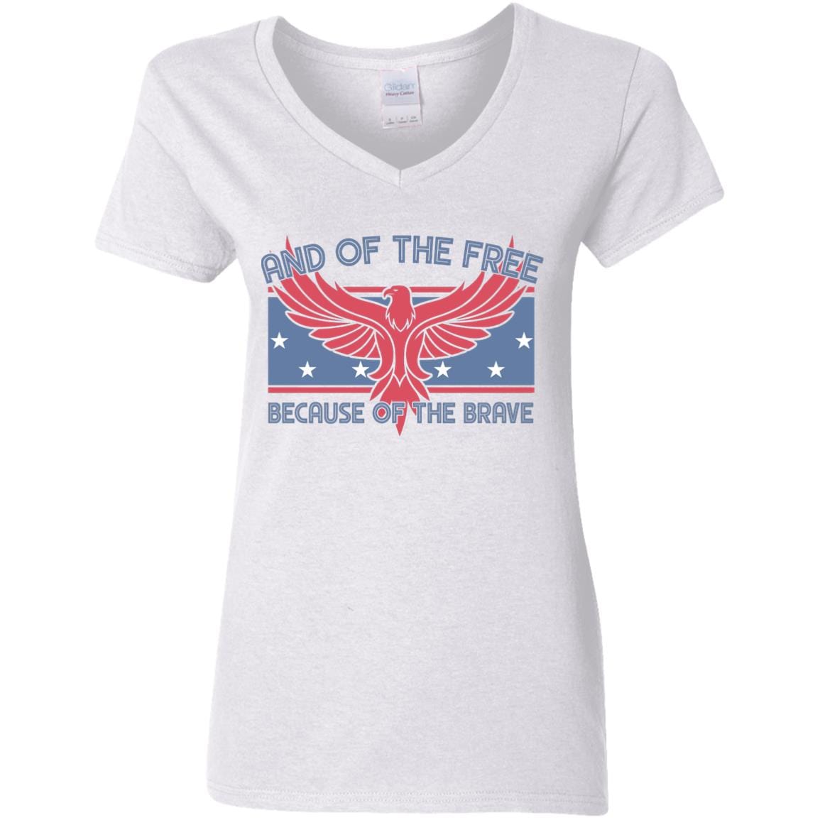 GeckoCustom Land of the Free Because of the Brave Patriotic 4th Of July Shirt H389 Women V-Neck / White / S