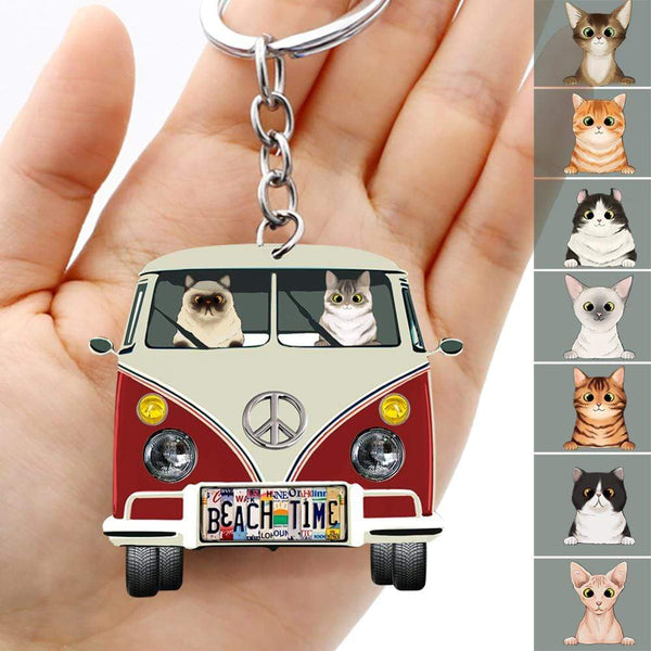 License Plate Hippie Camping Vintage Van Cat Acrylic Keychain Cat Lover Gift P226138