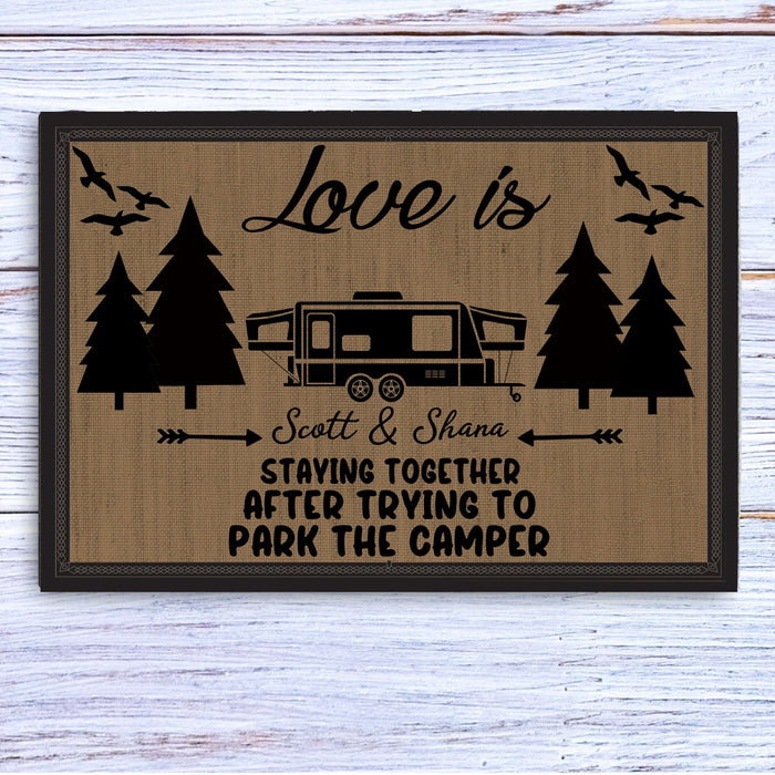 GeckoCustom Love Is Staying Together Parking The Camper Personalized Custom RV Camping Doormats H593
