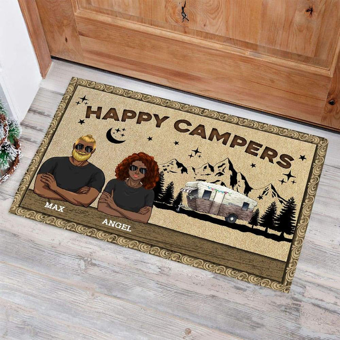 Personalized Happy Campers RV Doormat - Custom Family Name Camping Door Mat  Accessories for Inside Outside Campsite Decorations Travel Trailers Funny