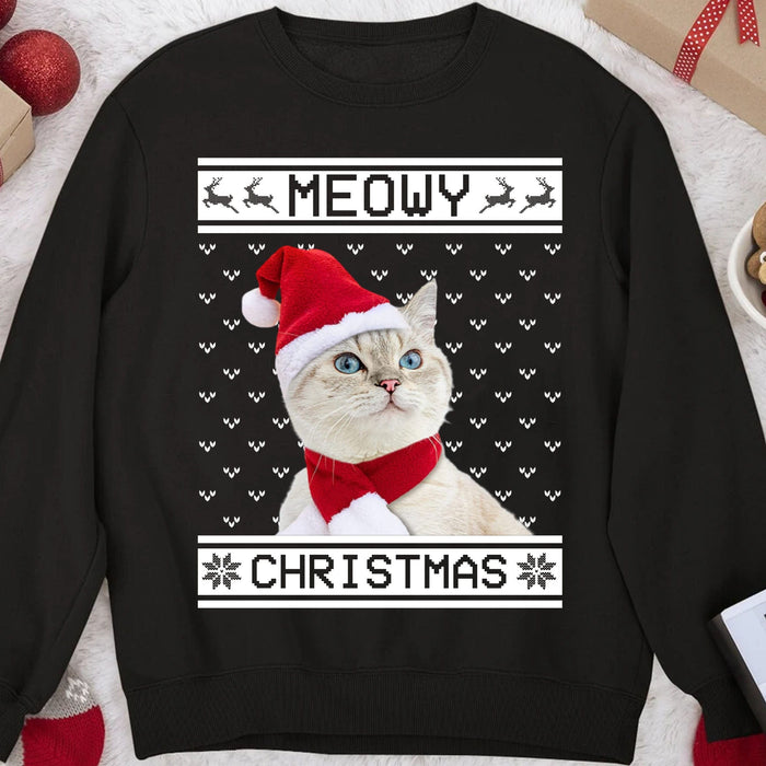 GeckoCustom Meowy Christmas Personalized Custom Photo Cat Sweatshirt, Cat Lover Sweater Christmas C475