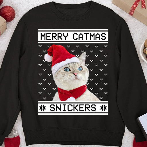 GeckoCustom Merry Catmas Personalized Custom Photo Cat Sweatshirt, Cat Lover Sweater Christmas C476 Sweatshirt (Favorite) / S Black / S