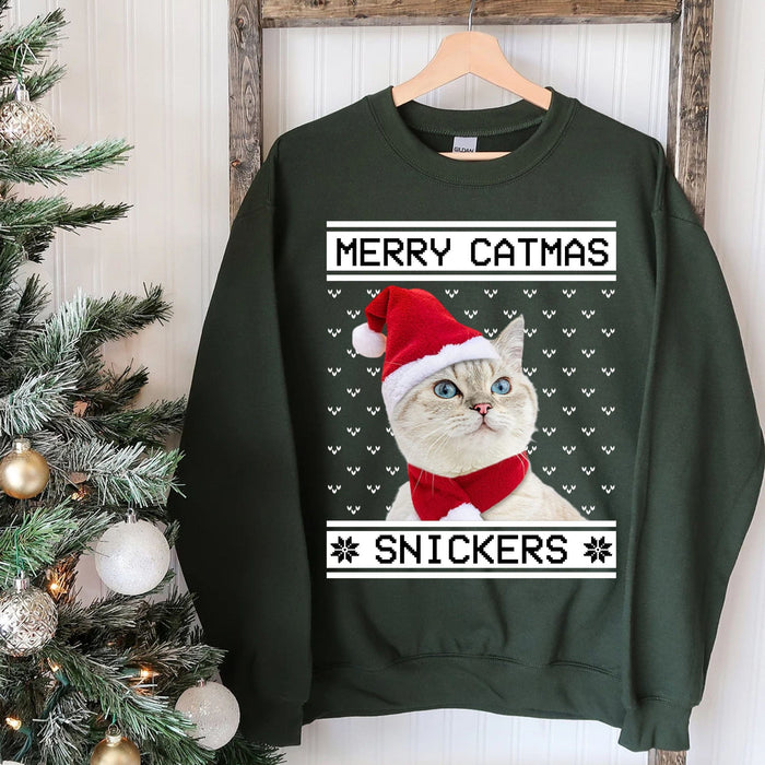 GeckoCustom Merry Catmas Personalized Custom Photo Cat Sweatshirt, Cat Lover Sweater Christmas C476