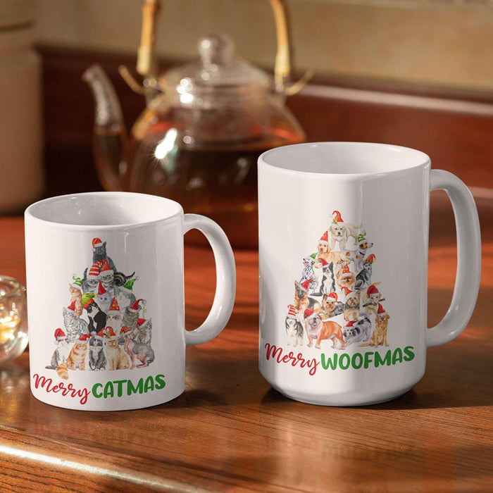 GeckoCustom Merry Catmas Woofmas Cat Dog Coffee Mug HN590 11 oz / Gloss Ceramic / White