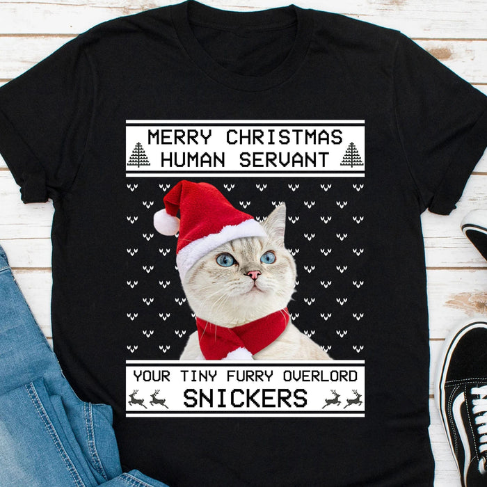 GeckoCustom Merry Christmas Human Servant Personalized Custom Photo Cat Sweatshirt, Cat Lover Sweater Christmas C477