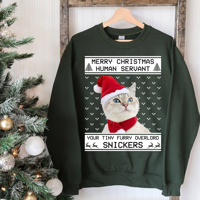 GeckoCustom Merry Christmas Human Servant Personalized Custom Photo Cat Sweatshirt, Cat Lover Sweater Christmas C477