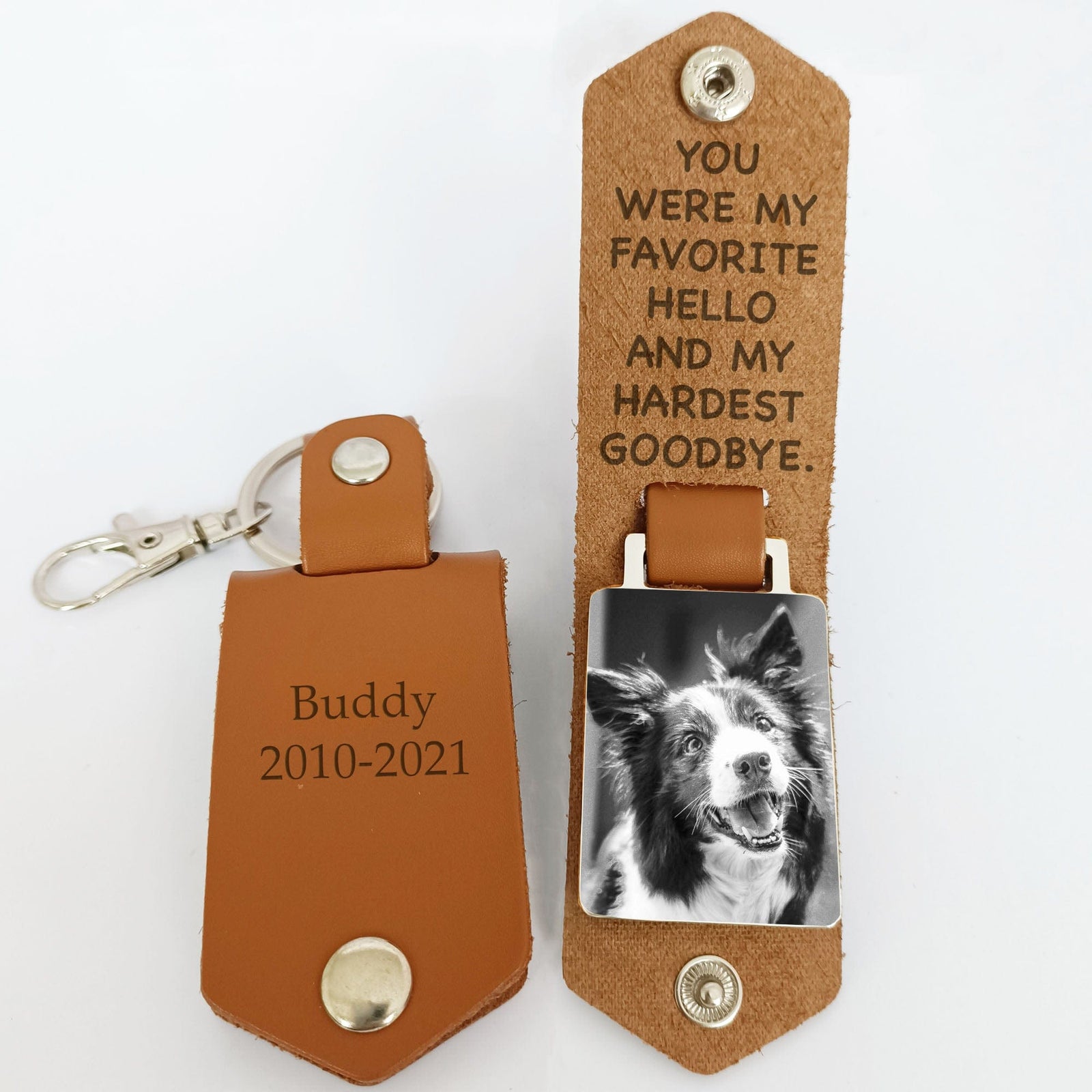 GeckoCustom My Favorite Hello And Hardest Goodbye Dog Pet Memorial Vintage Leather Photo Keychain C249
