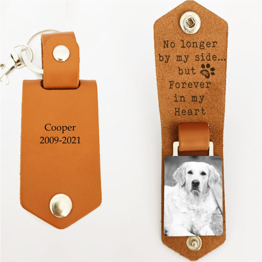 GeckoCustom No Longer By My Side But Forever In My Heart Dog Pet Memorial Vintage Leather Photo Keychain