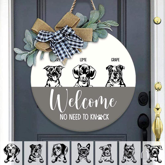 GeckoCustom No Need To Knock Dog Wooden Door Sign With Wreath, Dog Lover Gift, Door Hanger HN590