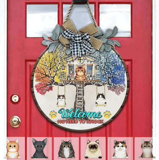 GeckoCustom No Need To Knock House Tree Cat Wooden Door Sign With Wreath HN590 12 Inch