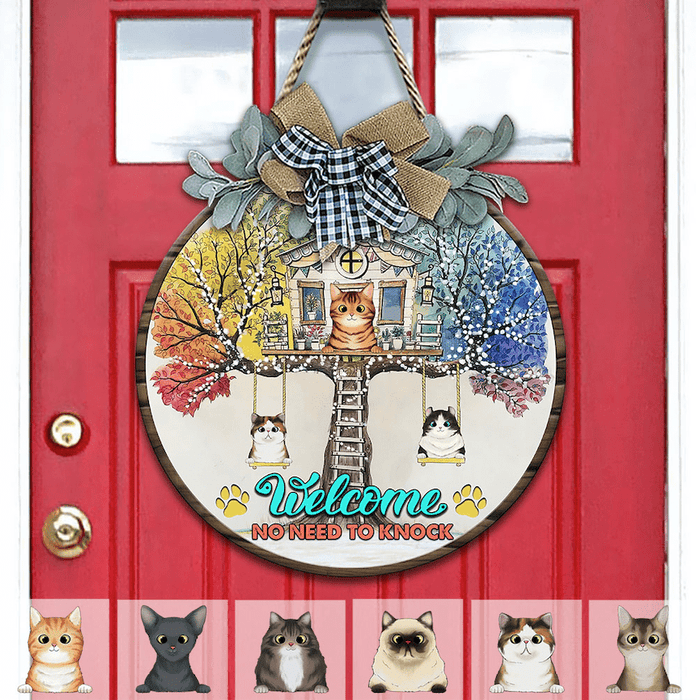 GeckoCustom No Need To Knock House Tree Cat Wooden Door Sign With Wreath HN590 12 Inch