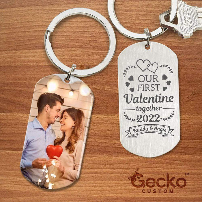 GeckoCustom Our First Valentine Together 2022 Couple Metal Keychain HN590 With Gift Box (Favorite) / 1.77" x 1.06"