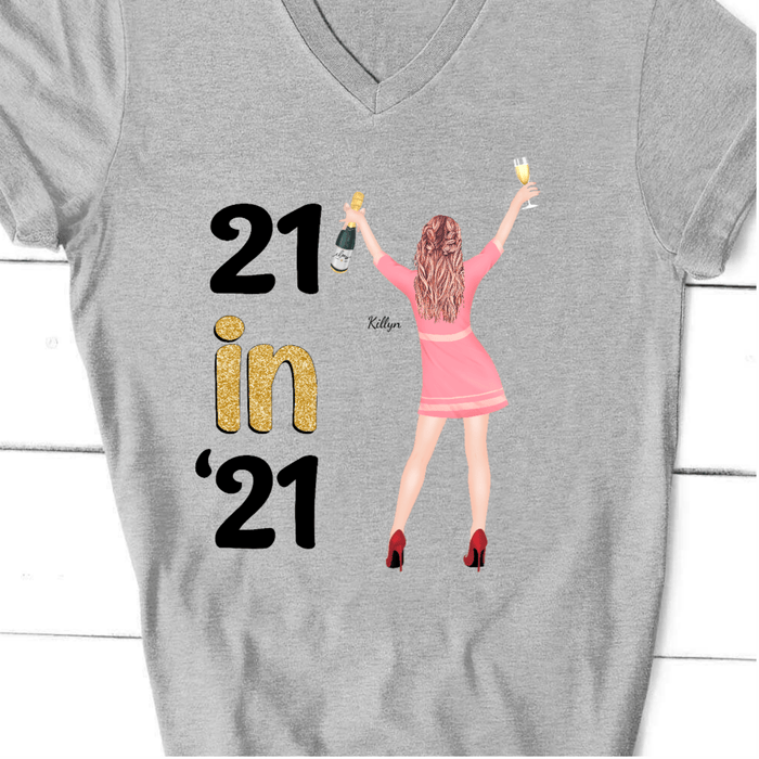 GeckoCustom Personalized 21 Birthday T Shirt, 21 in 21 Birthday Shirt, Turning 21 Gift Women V-Neck T Shirt / V Sport Grey / S