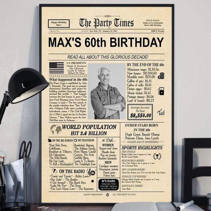 GeckoCustom Personalized Birthday Poster, Birthday Newspaper Poster 40th 50th 60th 70th, Birthday Gift