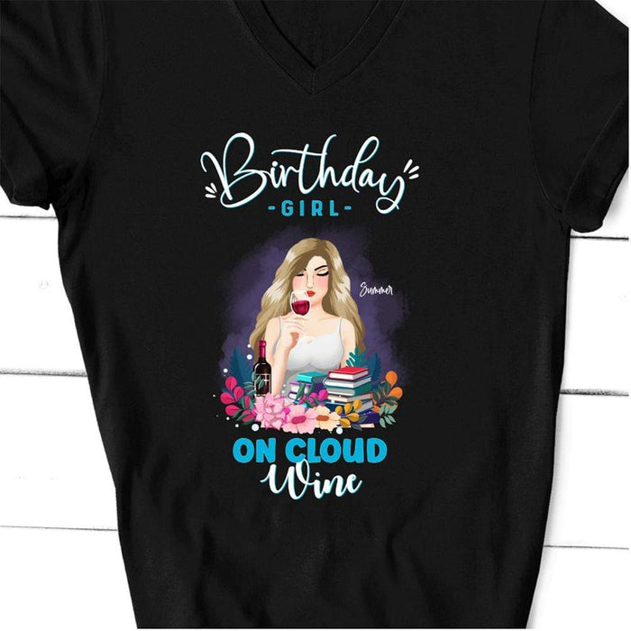 GeckoCustom Personalized Birthday T Shirt, Birthday Girl on Cloud Wine Birthday Shirt, Birthday Gift Women V-Neck T Shirt / V Black / S