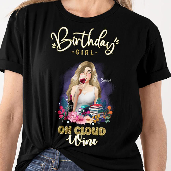 GeckoCustom Personalized Birthday T Shirt, Birthday Girl on Cloud Wine Birthday Shirt, Birthday Gift Women T Shirt / Black / S