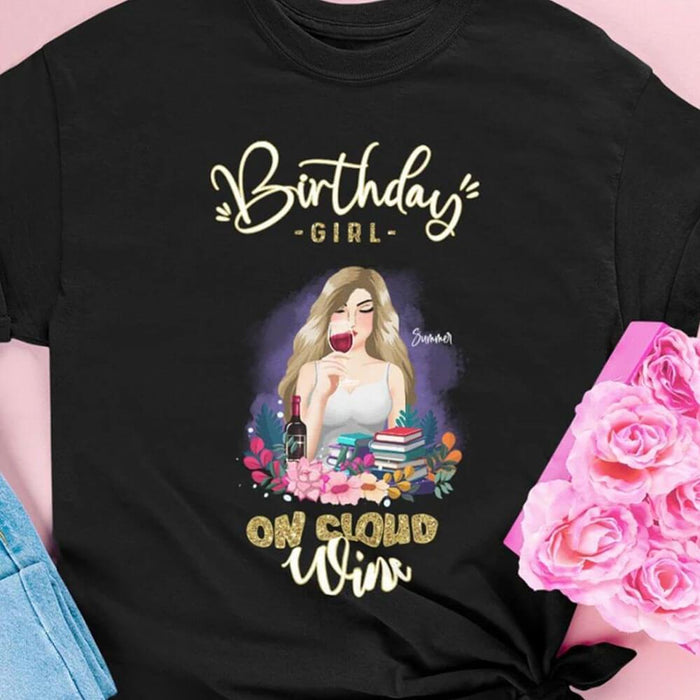 GeckoCustom Personalized Birthday T Shirt, Birthday Girl on Cloud Wine Birthday Shirt, Birthday Gift Unisex T-Shirt / Black Color / S