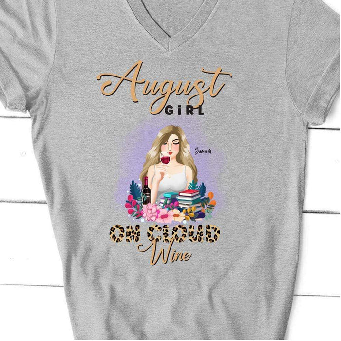 GeckoCustom Personalized Birthday T Shirt, Month Girl On Cloud Wine Birthday Shirt, Birthday Gift Women V-Neck T Shirt / V Sport Grey / S