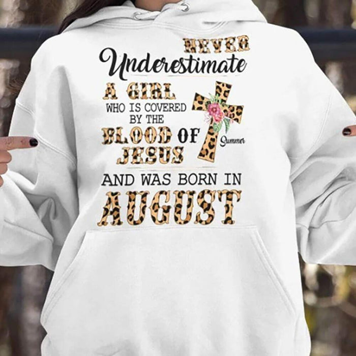 GeckoCustom Personalized Birthday T Shirt, Never Underestimate Girl Covered Blood Of Jesus Shirt, Birthday Gift Pullover Hoodie / White Colour / S