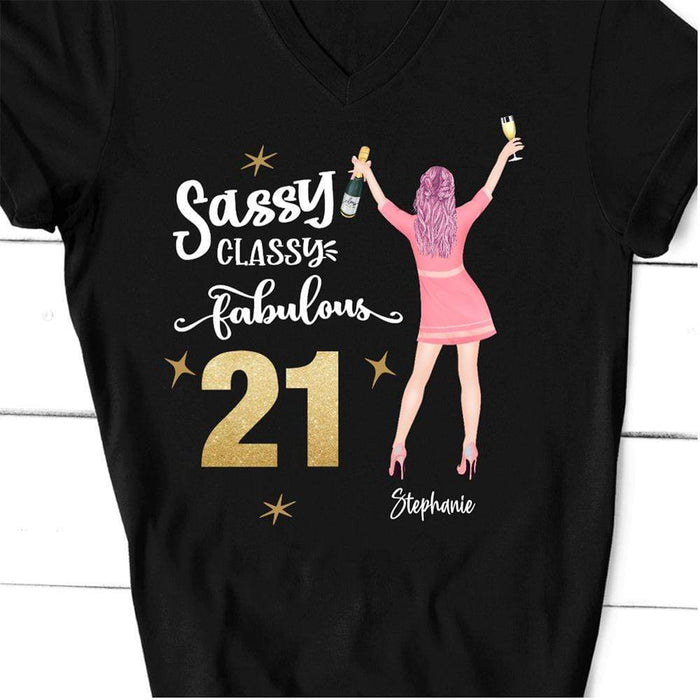 GeckoCustom Personalized Custom Birthday T Shirt, Sassy Classy Fabulous Shirt, Birthday Gift Women V-Neck T Shirt / V Black / S