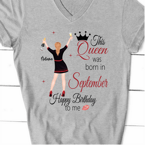GeckoCustom Personalized Custom Birthday T Shirt, This Queen Was Born In Month Birthday Shirt, Birthday Gift Women V-Neck T Shirt / V Sport Grey / S