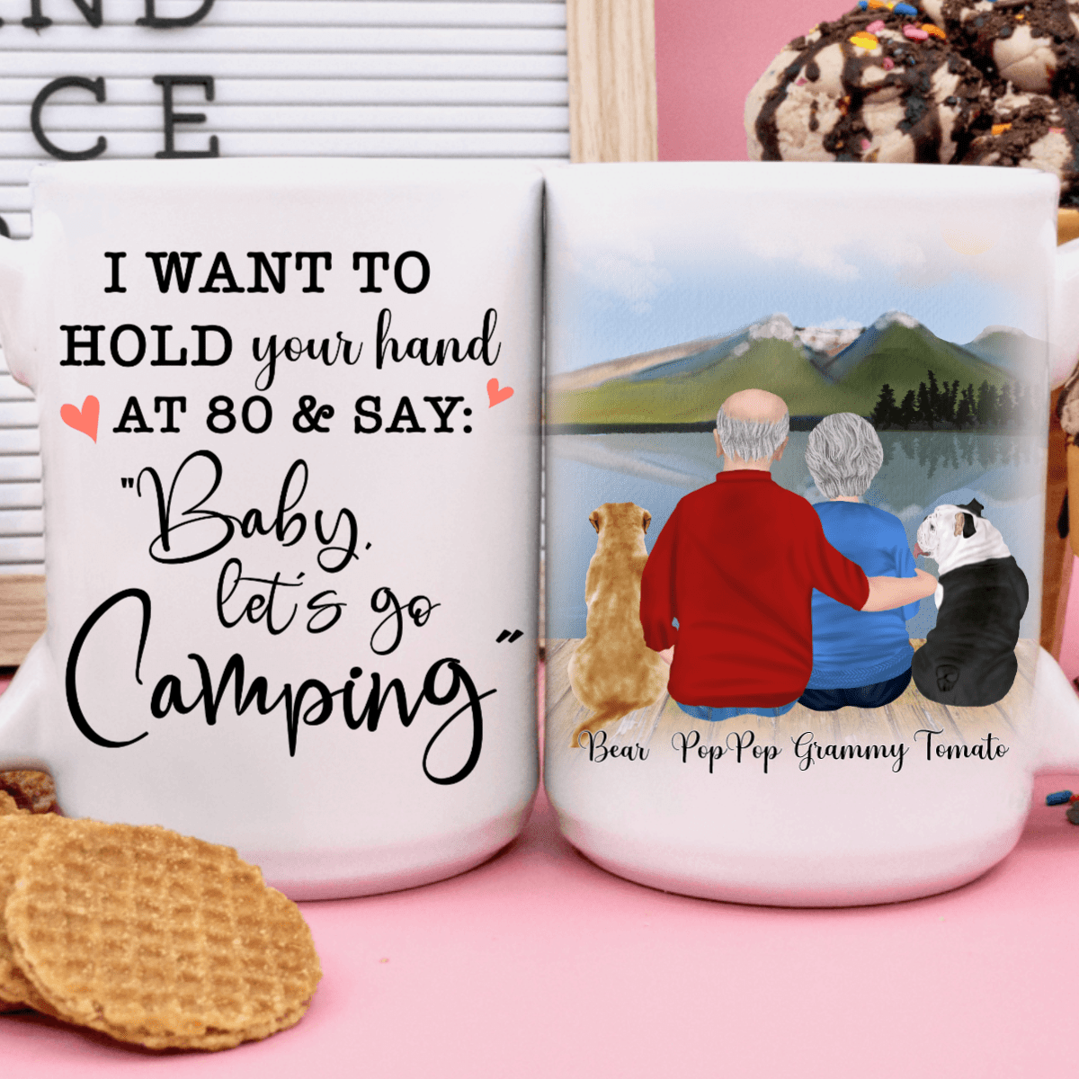 GeckoCustom Personalized Custom Camping with Dog Coffee Mug, Baby I Want To Hold Your Hand, Camper and Dog Lover Gift