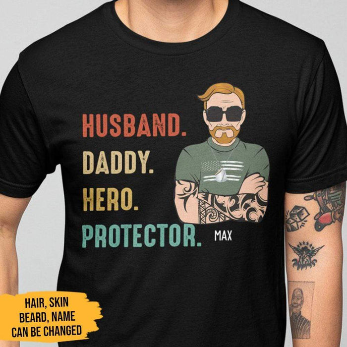 GeckoCustom Personalized Custom Dad Shirt, Daddy Husband Hero Protector Shirt, Gift For Dad Unisex T Shirt / Black / S