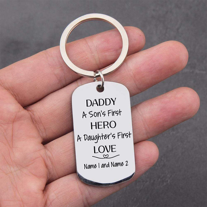 GeckoCustom Personalized Custom Keychain, Gift For Dad, Daddy A Son's First Hero A Daughter's First Love