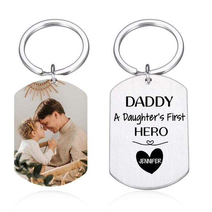 GeckoCustom Personalized Custom Keychain, Gift For Dad, Daddy A Son's First Hero A Daughter's First Love