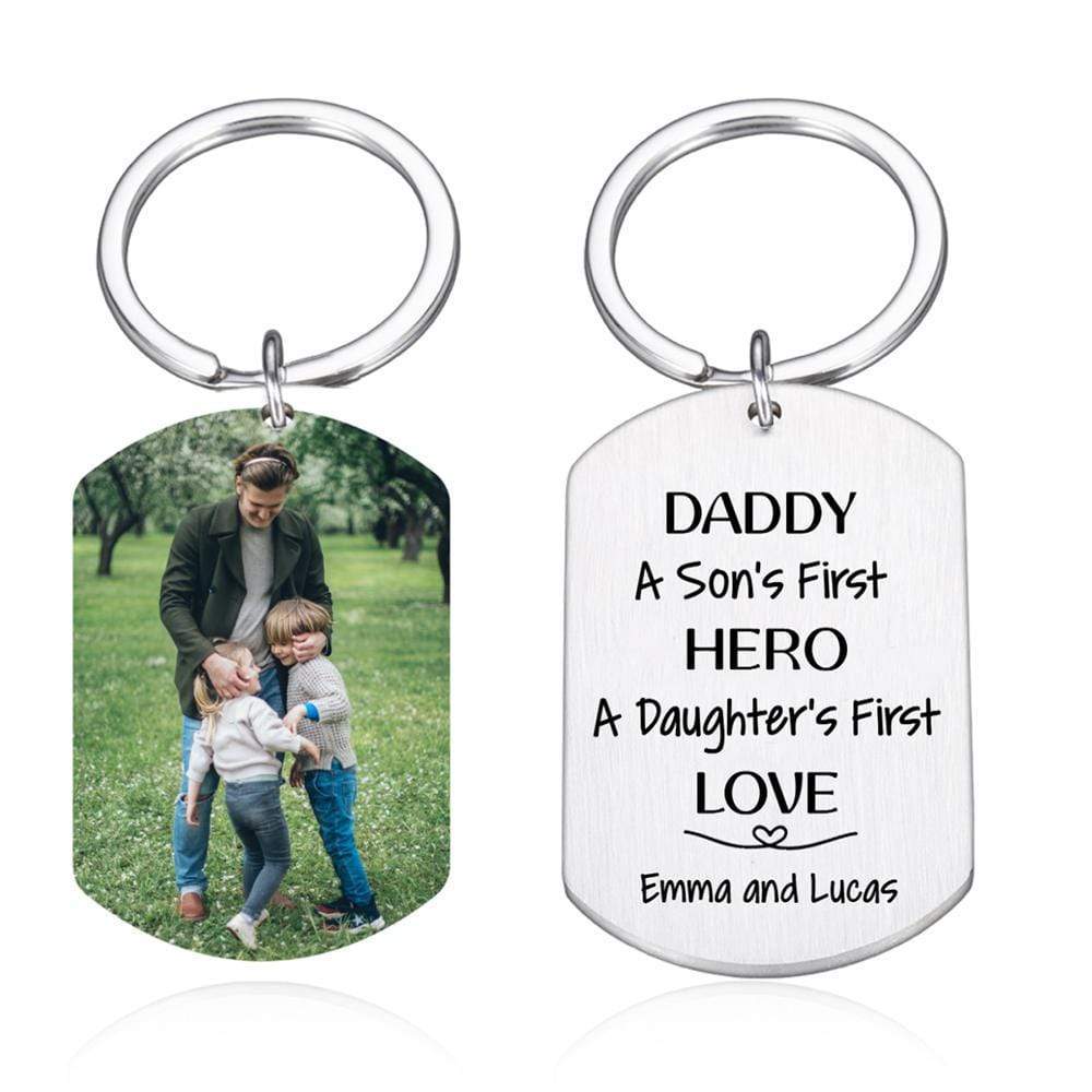 GeckoCustom Personalized Custom Keychain, Gift For Dad, Daddy A Son's First Hero A Daughter's First Love No Gift box
