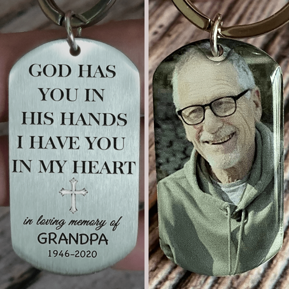 GeckoCustom Personalized Custom Memorial Photo Keychain, God Has You In His Hands I Have You In My Heart, Memorial Gift No Gift box