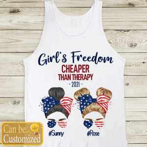GeckoCustom Personalized Custom T Shirt, Best Friend Gift, 4th Of July, Girls Freedom Than Therapy Ladies Tank Top / White Color / X-Small