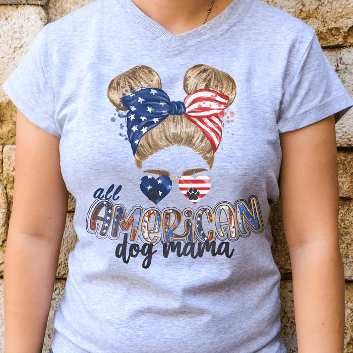 GeckoCustom Personalized Custom T Shirt, Dog Lover Gift, 4th Of July Gift, All American Dog Mama Ladies T-Shirt / Light Blue Color / S