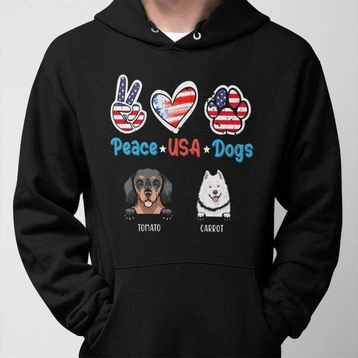 GeckoCustom Personalized Custom T Shirt, Dog Lover Gift, 4th Of July Gift, Peace USA Dog Pullover Hoodie / Black Colour / S