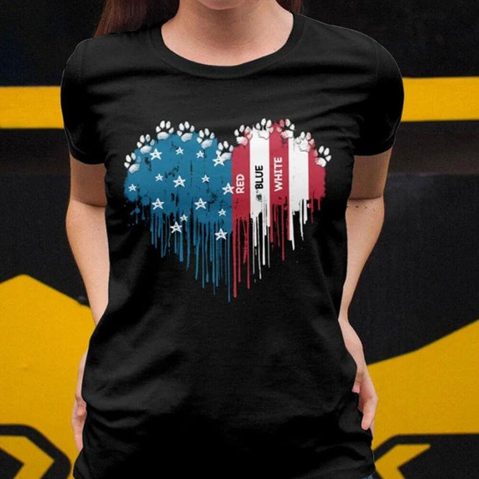 GeckoCustom Personalized Custom T Shirt, Dog Lover Gift, 4th Of July Gift, Red White Blue Paw Heart Ladies T-Shirt / Black Color / S